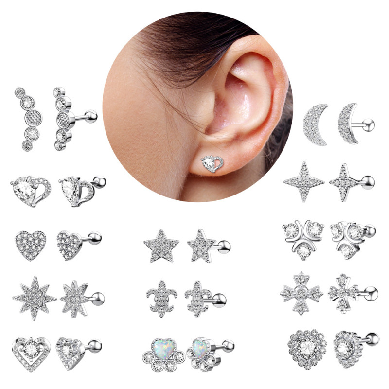 Cross-Border Hot New Zircon Ear Bone Stud Earrings Piercing Jewelry Online Wholesale(1pcs)