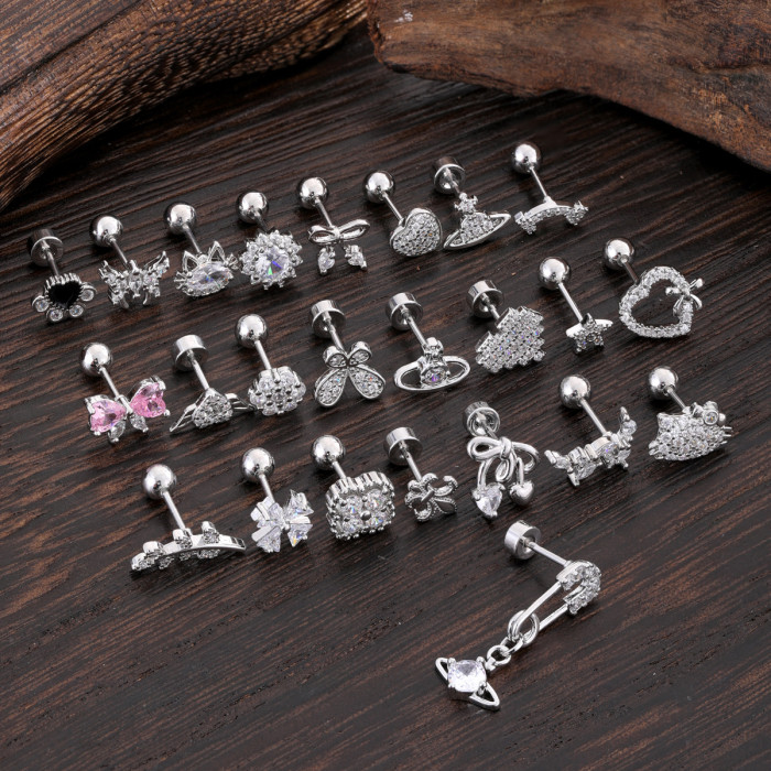 European and American Cross-Border Stainless Steel Zircon Ear Bone Stud Creative Fashion Micro-Inlaid Ear Stud Piercing Jewelry 0.8*6*4mm