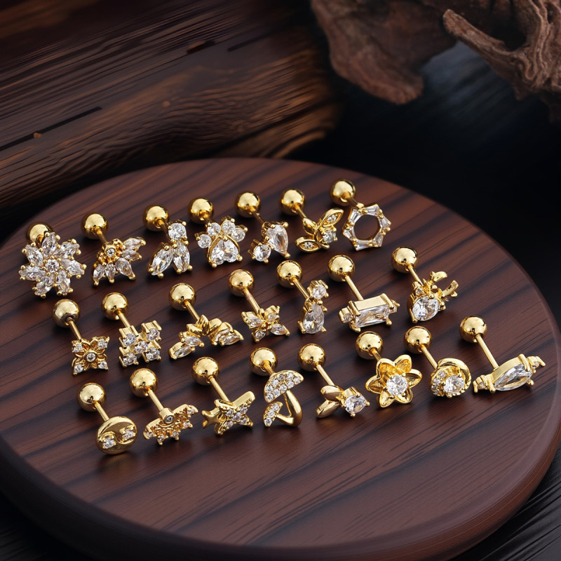 Stainless Steel Rod Copper Micro Inlaid Zircon Ear Bone Studs Exquisite Simple Cross-Border Ear Studs Piercing Jewelry 0.8*6*4mm