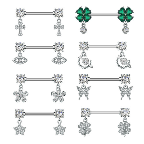Cross-Border E-commerce New Stainless Steel Zircon Nipple Rings One Arrow Through the Heart Four-leaf Clover Cross Eye Butterfly Flower Nipple Studs