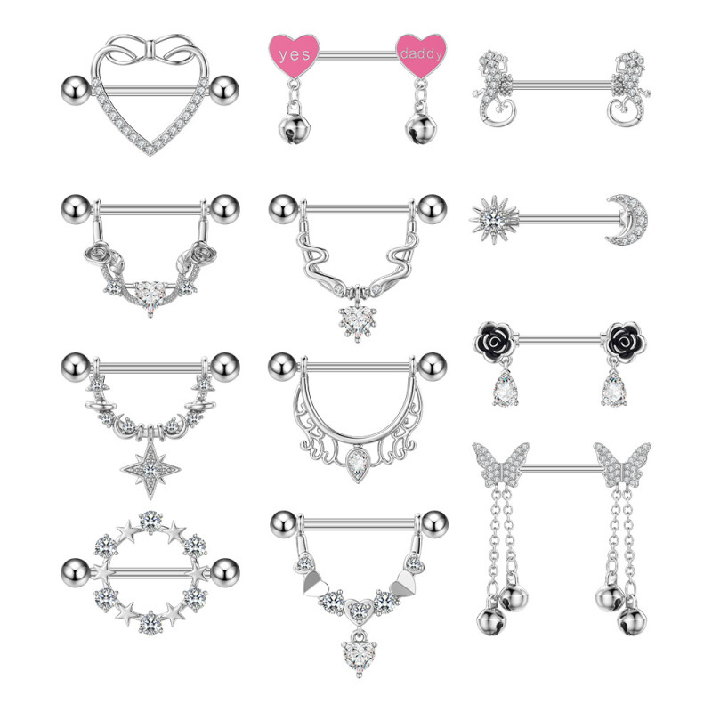 Cross-Border E-commerce New Zircon Nipple Rings Oil Drop Nipple Rings Creative Heart-Shaped Zircon Nipple Rings Piercing Jewelry
