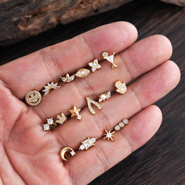 Minimalist Personality Stainless Steel Zircon Ear Bone Studs Exquisite Small Micro Inlaid Real Gold Electroplated Ear Studs 0.8*6*4mm