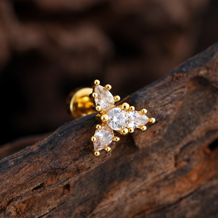 Elegant Simple Stainless Steel Zircon Ear Bone Stud Creative Fashion Real Gold Plated Ear Stud 0.8*6*4mm