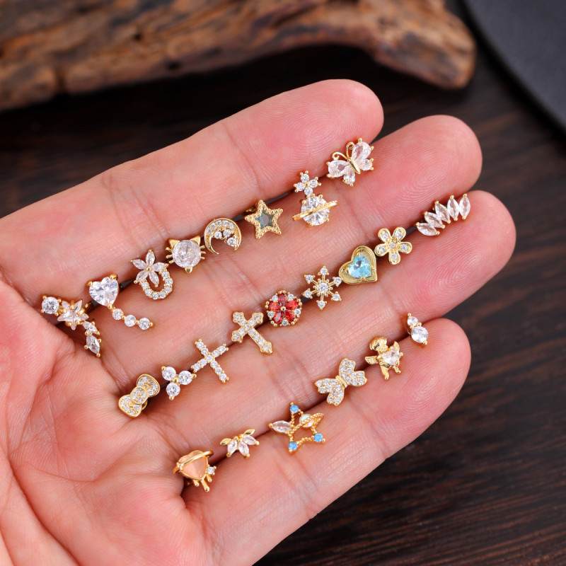 Stainless Steel Rod Copper Micro Inlaid Zircon Ear Bone Studs Exquisite Simple Cross-Border Ear Studs Piercing Jewelry 0.8*6*4mm