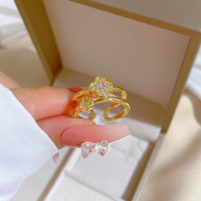【Real Gold Plating】Open Double Layer Women's Fashion Micro Inlay Light Luxury Ring Index Finger Ring Internet Celebri...