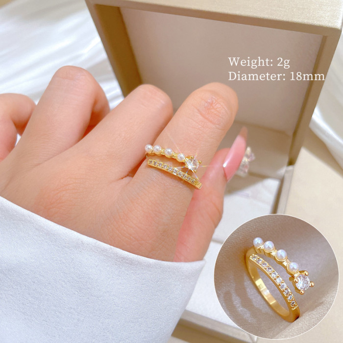 [Real Gold Plating] European and American Design Ins Style Geometric Diamond-Embedded Ball Ring Women's Cold Style Open Ring