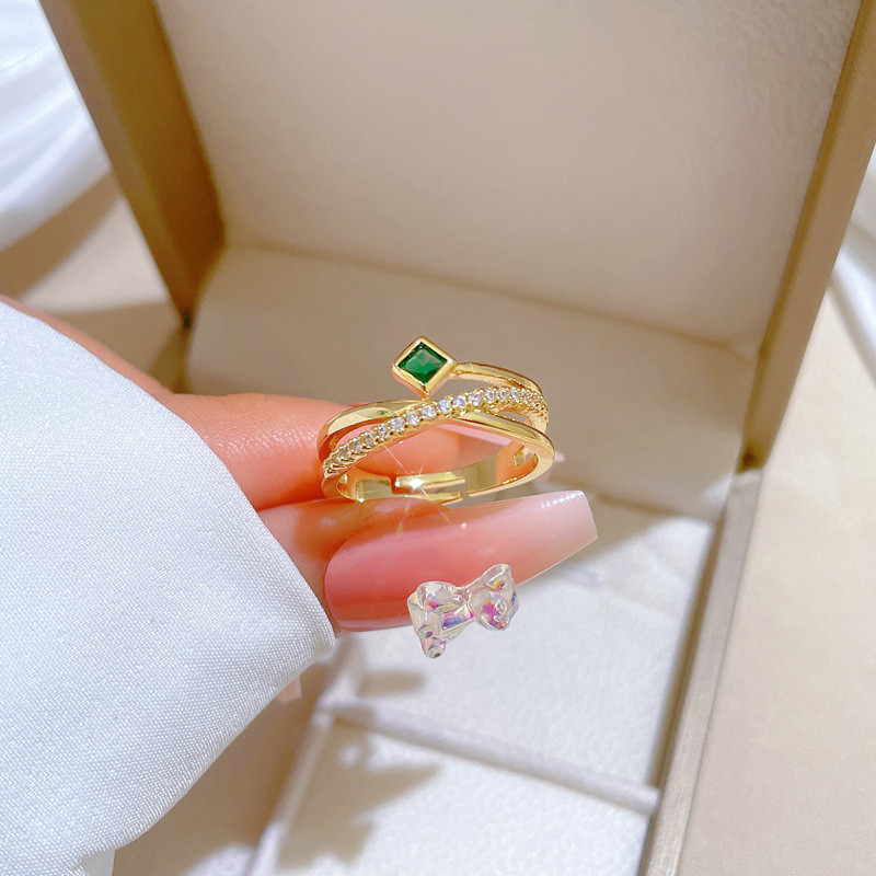 【Real Gold】Cross Green Full Diamond Ring Adjustable Open Simple Hand Jewelry Japanese Style Couple Rings