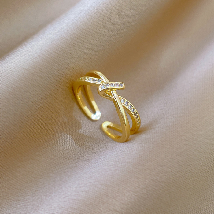 【Real Gold】Cross Knot Full Diamond Ring Adjustable Open Simple Hand Jewelry Japanese Style Couple Rings