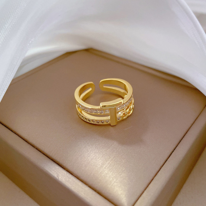 【Real Gold】T Zirconium Chain Full Diamond Ring Adjustable Open Simple Hand Jewelry Japanese Style Couple Rings