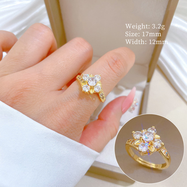 [Real Gold] Full Diamond Flower Zircon Personalized Adjustable Open Ring Light Luxury Japanese Style Couple Rings