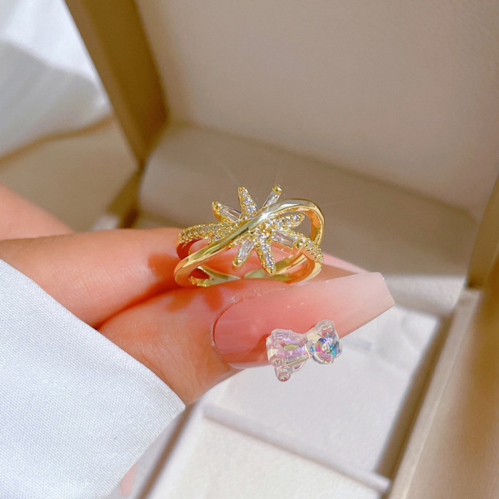 【Real Gold Plating】Open Starburst Women's Fashion Micro Inlay Light Luxury Ring Index Finger Ring Internet Celebrity Same Style Minimalist Style