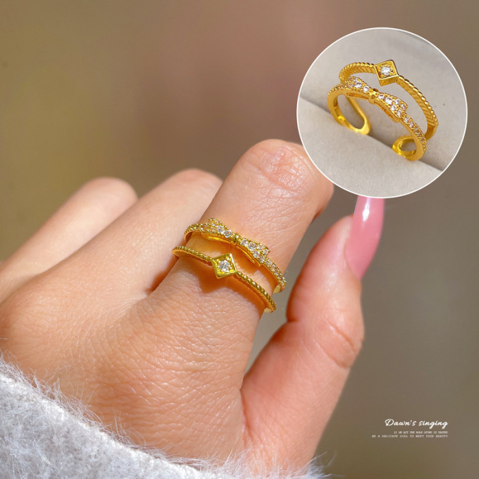 [Real Gold Plating] European and American Design Ins Style Geometric Diamond-Embedded Ball Ring Women's Cold Style Open Ring