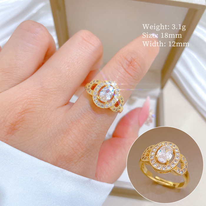 [Real Gold Plating] European and American Design Ins Style Geometric Diamond-Embedded Ball Ring Women's Cold Style Open Ring