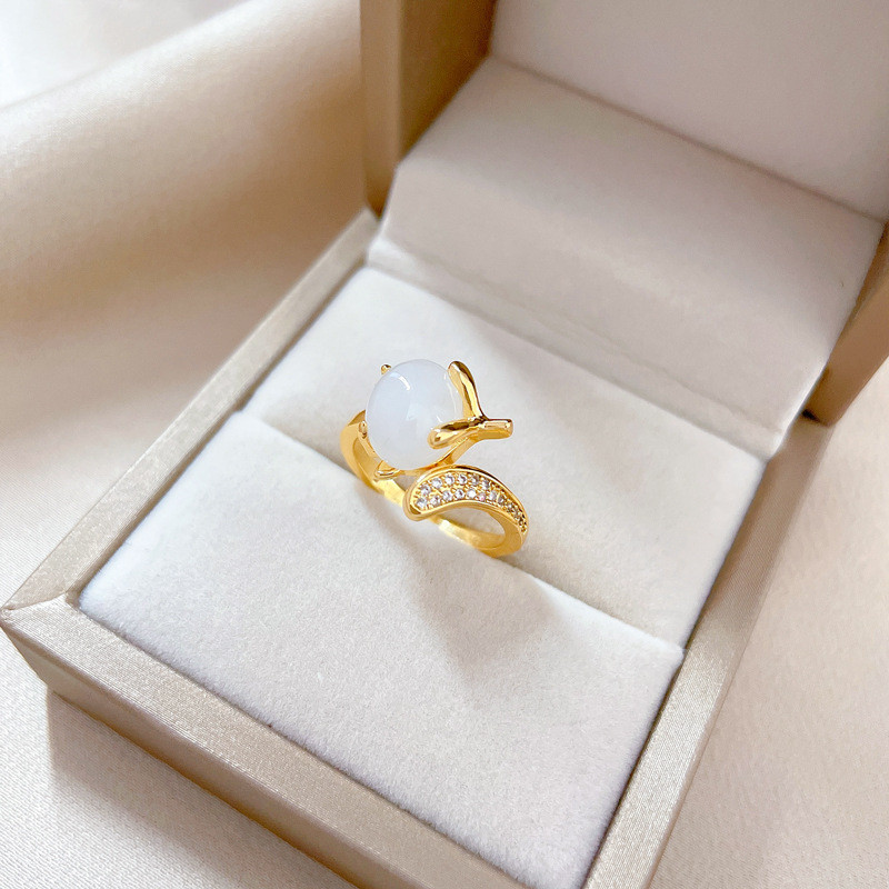 【Real Gold】White Jade Fox Zircon Ring Adjustable Open Style Simple Hand Jewelry Japanese Style Couple Rings