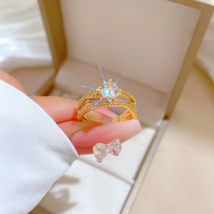 【Real Gold Plating】Open Ring Twisted Cross Personality Ring Index Finger Ring Internet Celebrity Style Simple Cold Style