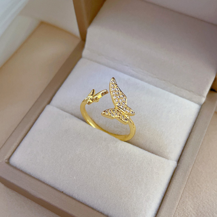 【Real Gold Plating】Open Butterfly Women's Fashion Micro Inlay Light Luxury Ring Index Finger Ring Internet Celebrity...