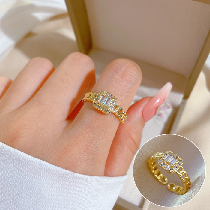 【Real Gold Plating】Open Square Women's Fashion Micro Inlay Light Luxury Ring Index Finger Ring Internet Celebrity Sam...