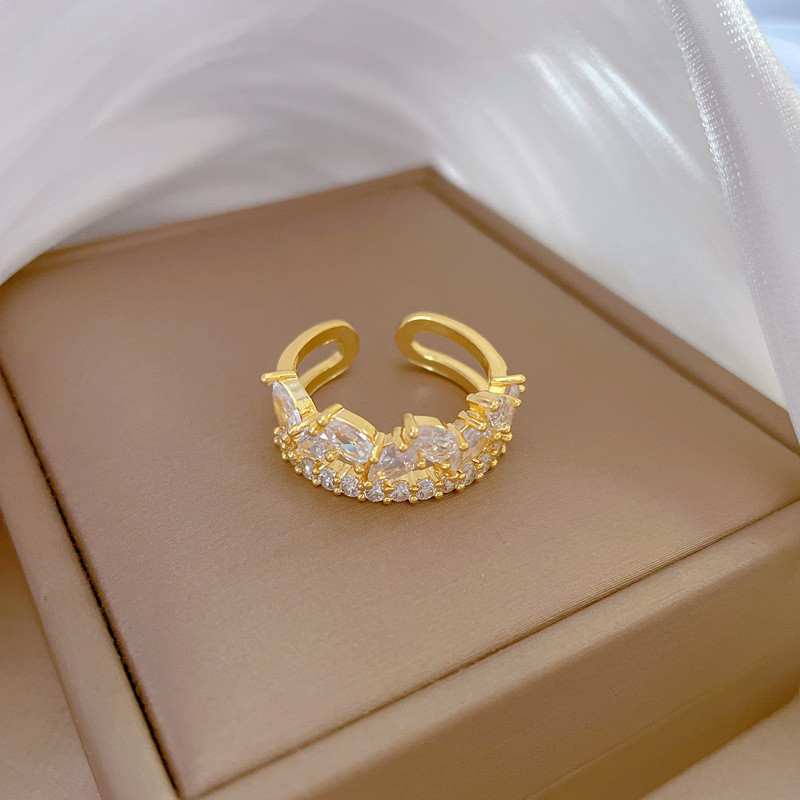 【Real Gold】Water Drop Full Zircon Wedding Ring Adjustable Open Ring Simple Hand Jewelry Japanese Style Couple Rings