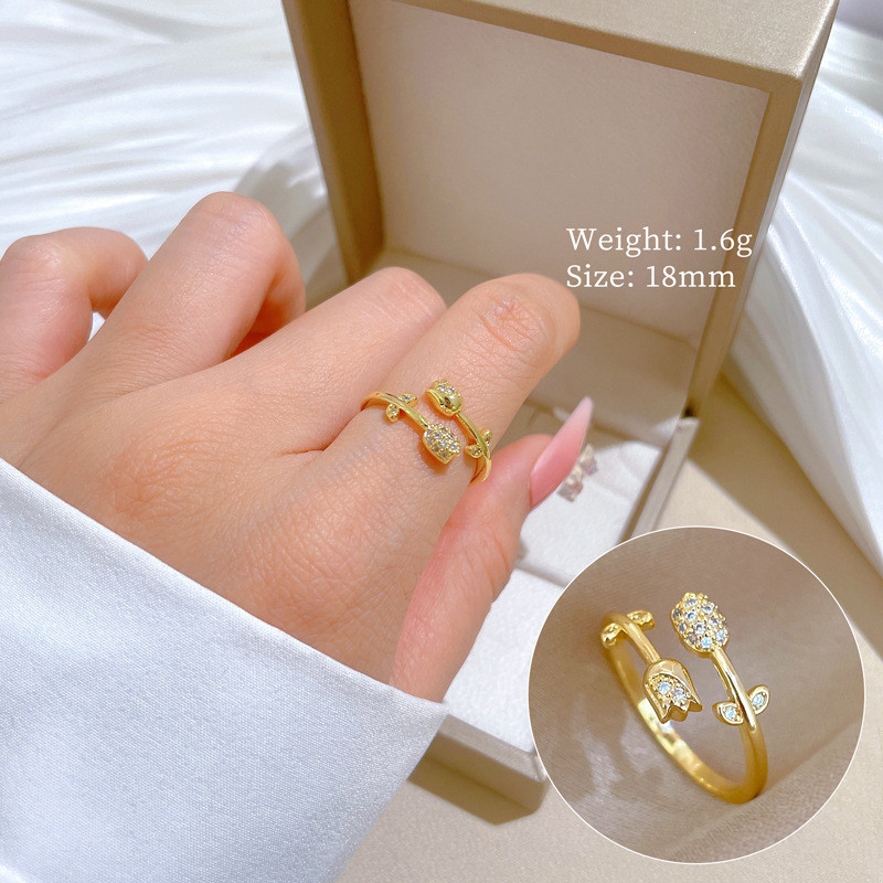 【Real Gold】Rose Flower Full Diamond Ring Adjustable Open Simple Hand Jewelry Japanese Style Couple Rings