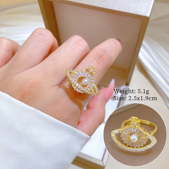 [Real Gold Plating] European and American Design Ins Style Geometric Diamond-Embedded Ball Ring Women's Cold Style Open Ring