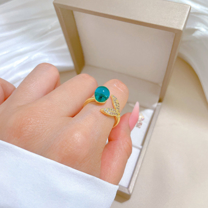 [Real Gold] Korean Version Super Shiny Green Gemstone Crystal Fish Tail Ring Adjustable Open Simple Japanese Style Ring