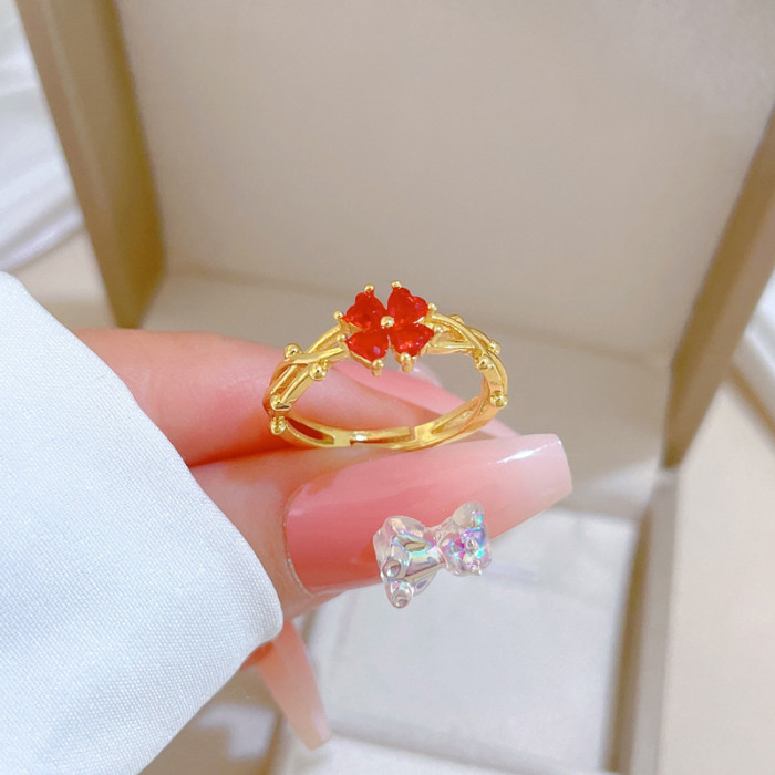 【Real Gold】Light Luxury Lucky Clover Ring Adjustable Open Style Simple Hand Jewelry Japanese Style Couple Rings