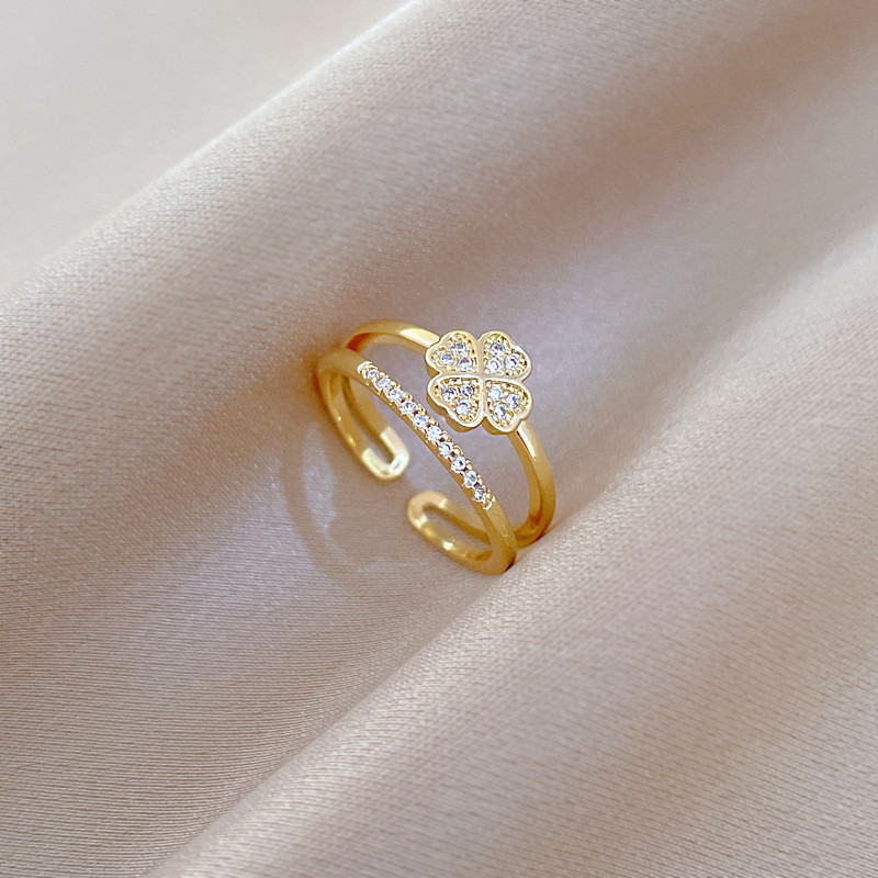[Real Gold] Four-Leaf Flower Full Diamond Ring Adjustable Open Simple Hand Jewelry Japanese Style Couple Rings