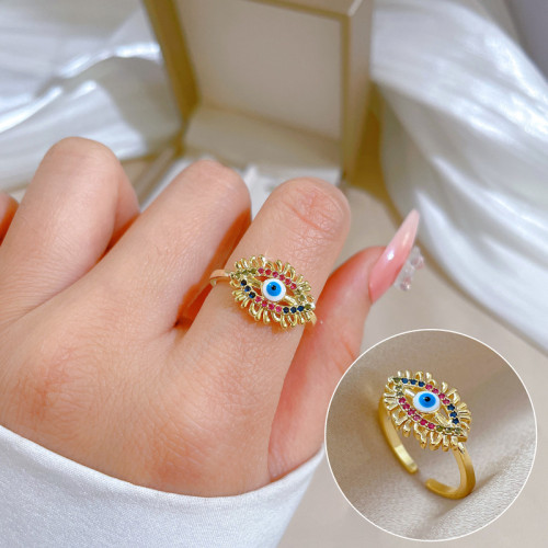 【Real Gold】Devil's Eye Zircon Ring Adjustable Open Simple Hand Jewelry Japanese Style Couple Rings