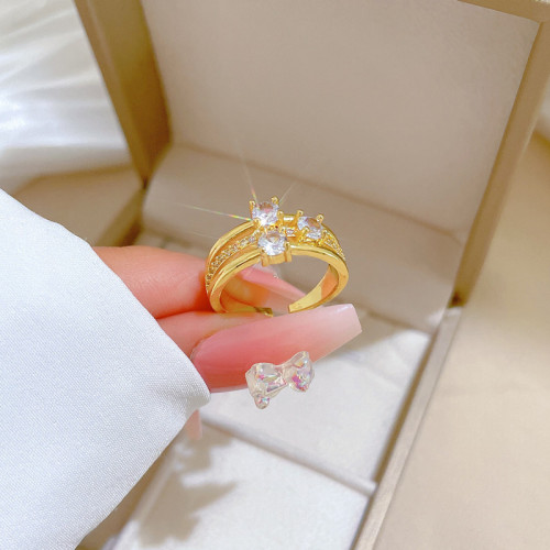 【Real Gold】Luxury Full Diamond Three-Layer Ring Adjustable Open Simple Hand Jewelry Japanese Style Couple Rings
