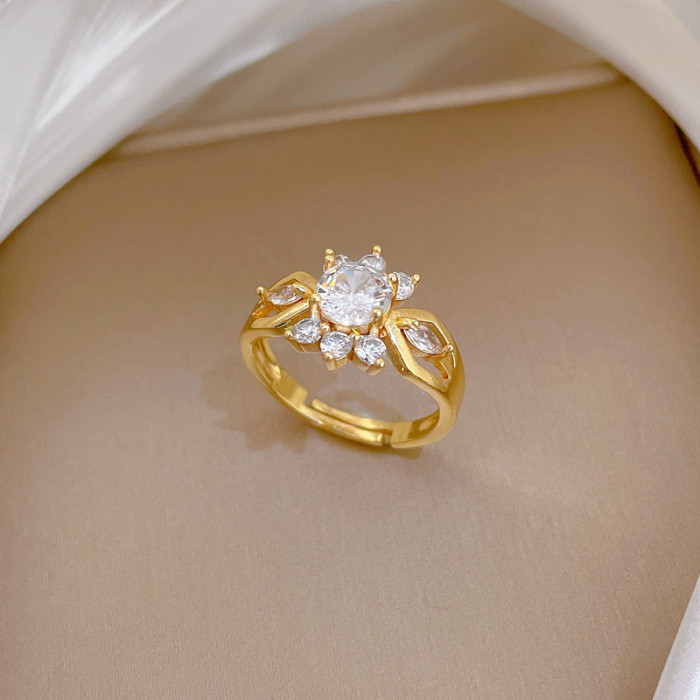 【Real Gold】Full Diamond Personalized Zircon Ring Adjustable Open Simple Hand Jewelry Japanese Style Couple Rings