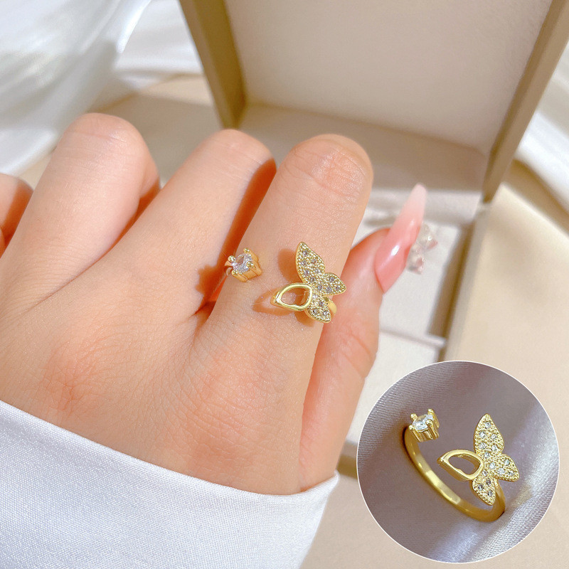 [Real Gold] Butterfly Full Diamond Ring Adjustable Open Simple Hand Jewelry Japanese Style Couple Rings