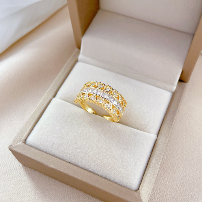 【Real Gold】Heart-Shaped Zircon Ring Adjustable Open Style Simple Hand Jewelry Japanese Style Couple Rings