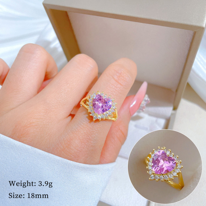 【Real Gold】Heart Pink Wedding Ring Adjustable Open Ring Simple Hand Jewelry Japanese Style Couple Rings
