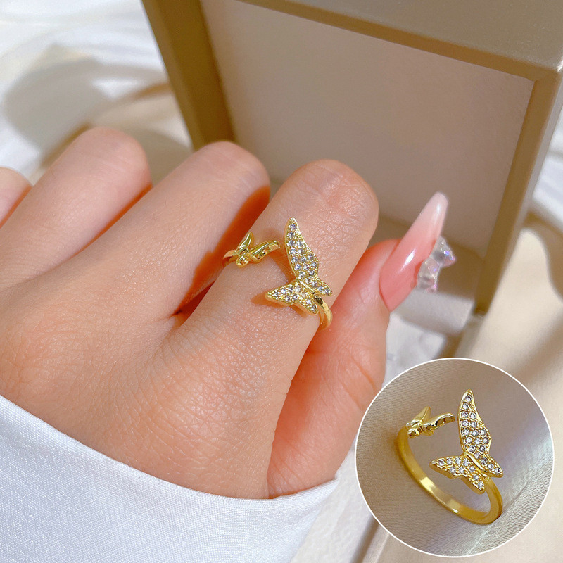 【Real Gold Plating】Open Butterfly Women's Fashion Micro Inlay Light Luxury Ring Index Finger Ring Internet Celebrity Same Style Minimalist Style