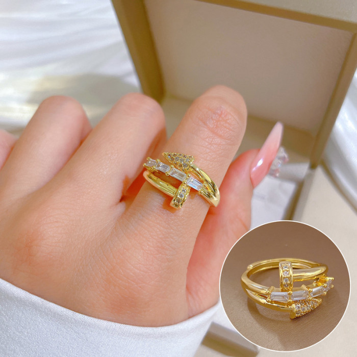 [Real Gold Plating] European and American Design Ins Style Geometric Diamond-Embedded Ball Ring Women's Cold Style Open Ring