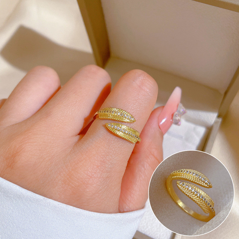 【Real Gold Plating】Open Leaf Women's Fashion Micro Inlay Light Luxury Ring Index Finger Ring Internet Celebrity Same Style Minimalist Style