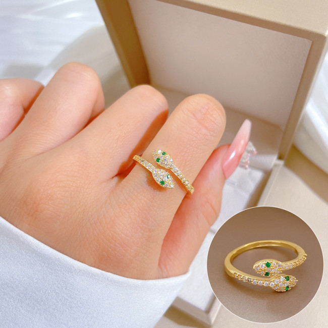[Real Gold] Green-Eyed Little Snake Ring Adjustable Open Simple Hand Jewelry Japanese Style Couple Rings