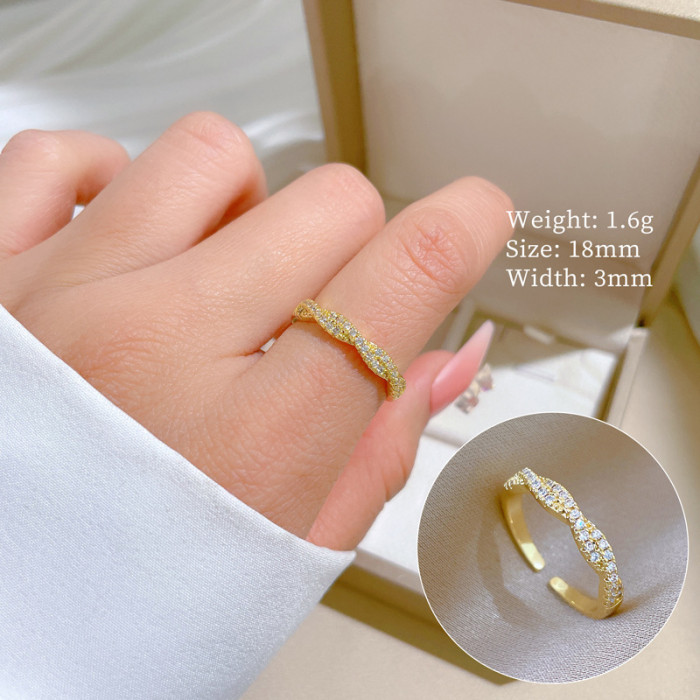 【Real Gold】Cross Twisted Full Diamond Ring Adjustable Open Simple Hand Jewelry Japanese Style Couple Rings