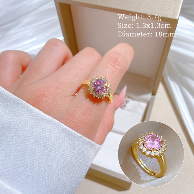 [Real Gold] Pink Round Full Diamond Ring Adjustable Open Simple Hand Jewelry Japanese Style Couple Rings