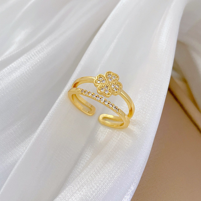 [Real Gold] Four-Leaf Flower Full Diamond Ring Adjustable Open Simple Hand Jewelry Japanese Style Couple Rings