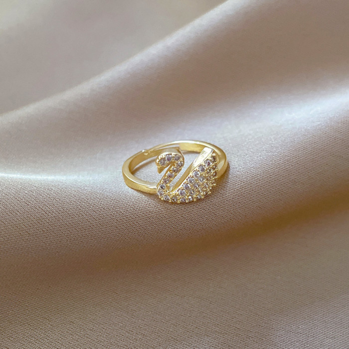 【Real Gold】Full Diamond Swan Wedding Ring Adjustable Open Ring Simple Hand Jewelry Japanese Style Couple Rings