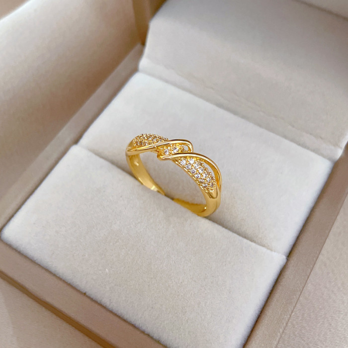 【Real Gold Plating】Open Twisted Women's Fashion Micro Inlaid Light Luxury Ring Index Finger Ring Internet Celebrity Same Style Minimalist Style