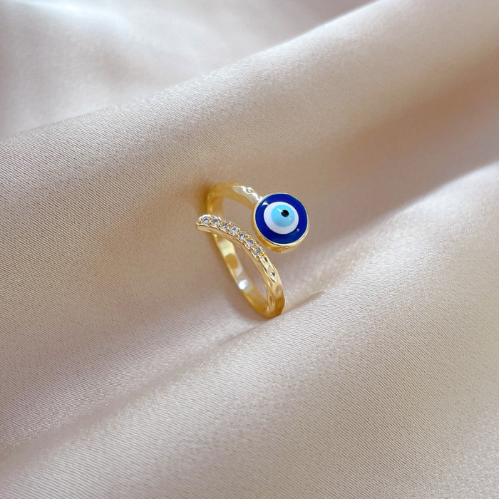 【Real Gold】Eye Zircon Ring Adjustable Open Simple Hand Jewelry Japanese Style Couple Rings