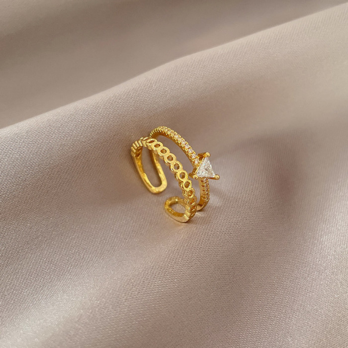 [Real Gold] Korean Version Super Shiny Zircon Chain Triangle Ring Adjustable Open Simple Japanese Style Ring
