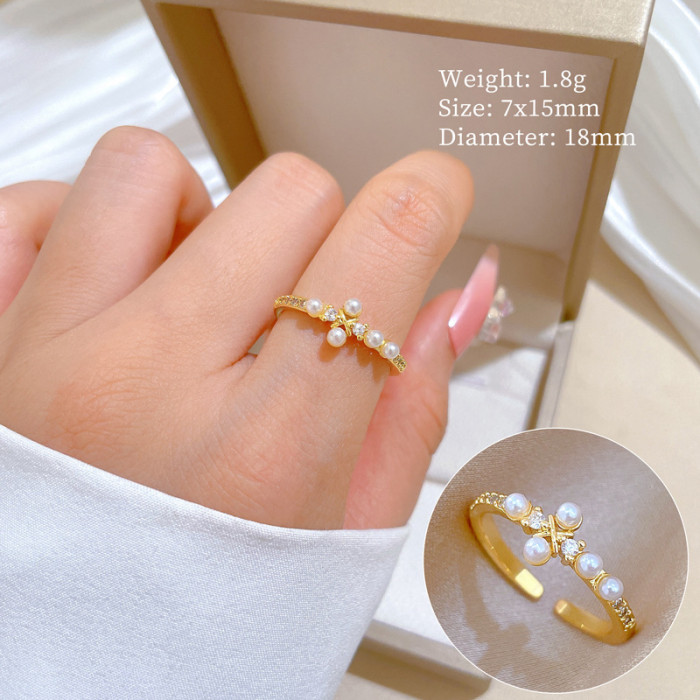[Real Gold Plating] European and American Design Ins Style Geometric Diamond-Embedded Ball Ring Women's Cold Style Open Ring