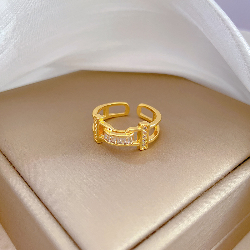 【Real Gold】Light Luxury Niche Zircon Ring Adjustable Open Simple Hand Jewelry Japanese Style Couple Rings