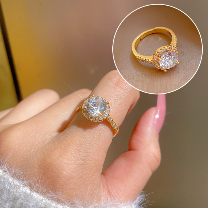 [Real Gold Plating] European and American Design Ins Style Geometric Diamond-Embedded Ball Ring Women's Cold Style Open Ring