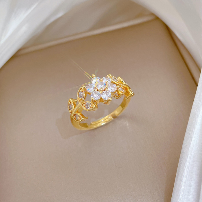 [Gold-Plated]Light Luxury Flower Fully Stone-Set Ring Adjustable Open Simple Hand Jewelry Japanese Style Couple Rings