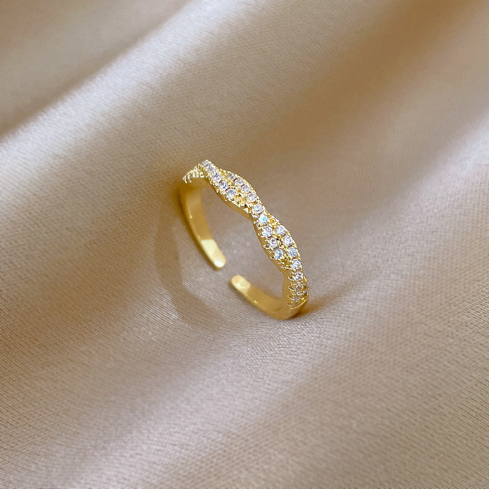 【Real Gold】Cross Twisted Full Diamond Ring Adjustable Open Simple Hand Jewelry Japanese Style Couple Rings