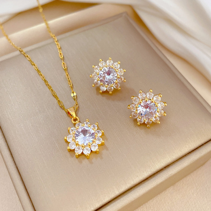 【Set】High-Quality Elegant Light Luxury Full Zircon Heavy Craft Real Gold Plated Copper Micro-Inlaid Earrings Necklace...
